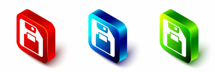 Poster - Isometric Floppy disk for computer data storage icon isolated on white background. Diskette sign. Red, blue and green square button. Vector