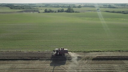 Wall Mural - aerial high parallel shot of harvester harvests in the field, agriculture