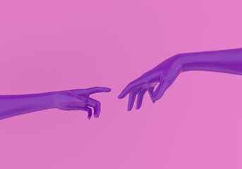 Poster - Modern 3d illustration with two hands about to touch each other, reminiscent of the scene of Adam's creation.