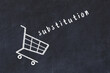 Chalk drawing of shopping cart and word substitution on black chalboard. Concept of globalization and mass consuming