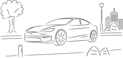 Simple vector drawing of a luxury ecological car in the city