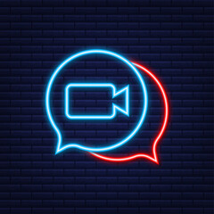 Poster - Incoming video call on laptop. Laptop with incoming call, man profile picture and accept decline buttons. Neon icon. Vector stock illustration.