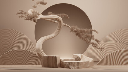 Wall Mural - japanese style minimal abstract background.stone podium and bonsai tree with brown background for pr