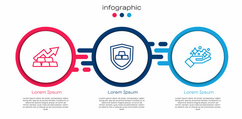 Set line Growth arrow with gold bars, Gold shield and mine. Business infographic template. Vector