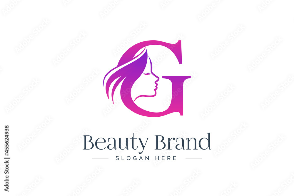 Letter G beauty logo design. Woman face silhouette isolated on letter G ...