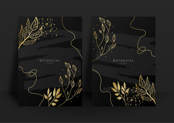 Abstract black and gold elegant background with floral leaves lines.
