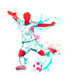 Soccer player with ball. Silhouette of a football player with a ball in grunge style, with the imposition of various textures in the form of splashes, spots, blots