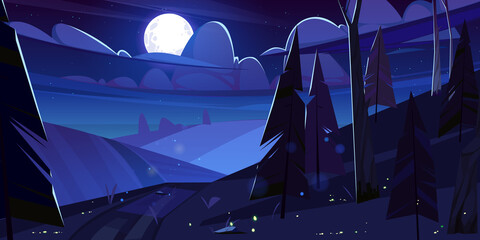 Wall Mural - Night landscape, cartoon nature background with field, dirt path and conifers trees under dark starry sky with full moon and clouds. Spruces with glowing fireflies scenery wood, vector illustration