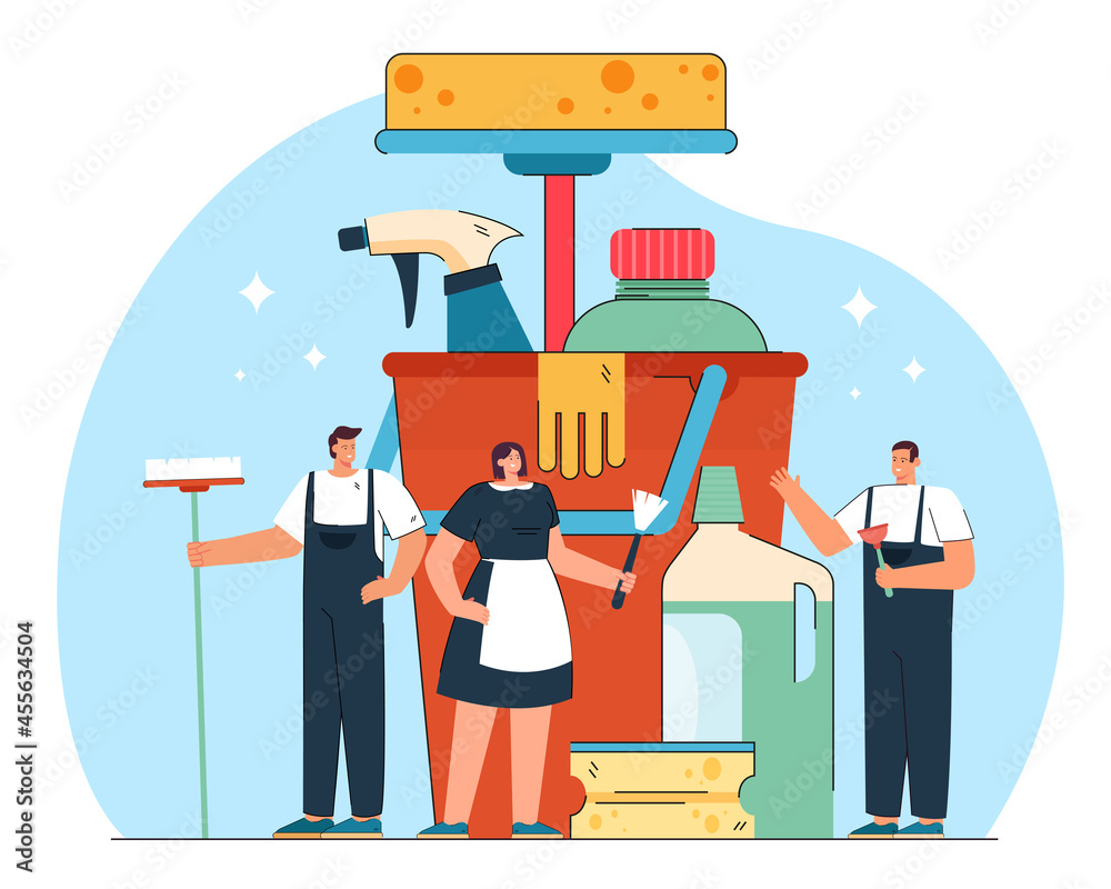 Stock-Vektorgrafik „Tiny team of cleaners and huge professional ...