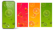 Screensaver wallpapers for smartphone with abstract backgrounds with fruits. Vector illustration of mobile phone and set of cartoon themes with watermelon, orange and lime slices
