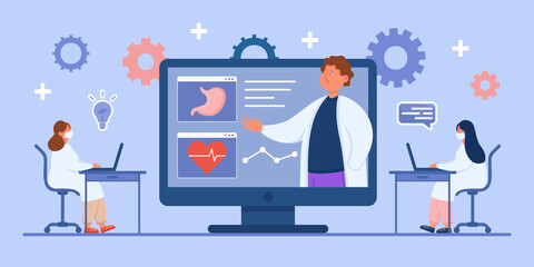 Fototapete - Female doctors or students watching medical webinar in class. Women learning about medicine from professional on online training platform flat vector illustration. Online education, healthcare concept