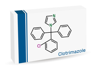 Clotrimazole drug molecule. It is imidazole antimycotic, antifungal agent. Used in treatment of skin, oral, vaginal candida infections. Skeletal chemical formula. Paper packaging for drugs