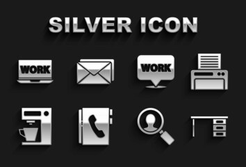 Poster - Set Address book, Printer, Office desk, Magnifying glass for search people, Coffee machine, Location with text work, Laptop and Envelope icon. Vector