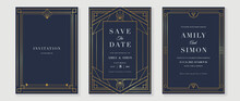 Art Deco Wedding Invitation Card Vector. Luxury Classic Antique Cards Design For VIP Invite, Gatsby Invitation Gold, Fancy Party Event, Save The Date Card And Thank You Card. Vector Illustration.