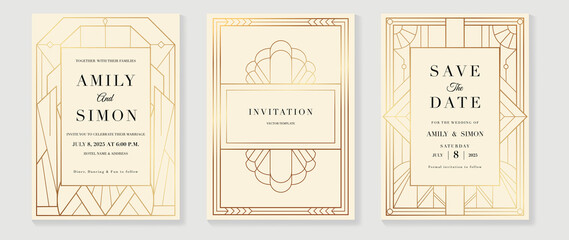 Wall Mural - Art deco wedding invitation card vector. Luxury classic antique cards design for VIP invite, Gatsby invitation gold, Fancy party event, Save the date card and Thank you card. Vector illustration.