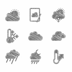 Sticker - Set Cloud, with rain and moon, Meteorology thermometer, Sun cloud weather, snow sun and icon. Vector