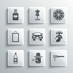 Sticker - Set Pinocchio, Pasta spaghetti, Roman army helmet, Car, Bottle of olive oil, Picture, Perfume and Pizza icon. Vector