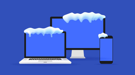 Poster - Realistic vector laptop, tablet computer, monitor and mobile phone template with snow cap. Winter gadgets mockup. Winter sale and presentation concept