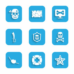 Poster - Set Shield with pirate skull, Lifebuoy, Starfish, Skull on crossbones, Pirate eye patch, sword, Location and icon. Vector