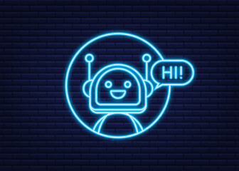 Canvas Print - Robot neon icon. Bot sign design. Chatbot symbol concept. Voice support service bot. Online support bot. Vector illustration.