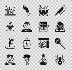 Sticker - Set Spider, Lollipop, Tombstone with RIP written, Halloween witch cauldron, Priest, Witch, Burning candle and Chocolate bar icon. Vector