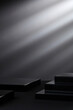 © Tuan  Nguyen  - Realistic dark platform, stage with empty pedestals. Сubic shape podium, stairs for product display show or place for presentation with light streaks on wall