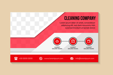 Poster - Horizontal flyer for cleaning company, creative concept for presentations and advertising, template for posting photos and text. half hexagon shape use white border. red element and grey background.  