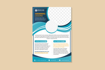 Poster - Vertical flyer for swimming lessons, creative concept for presentations and advertising, template for posting photos and text. Modern multicolored blue gradient on element banner with white background