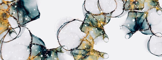 Wall Mural - abstract alcohol ink background, liquid texture with golden texture, trendy wall art, fluid bubbles,