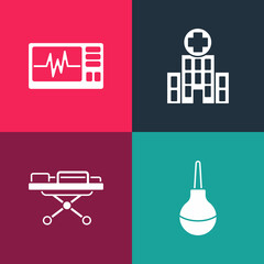 Canvas Print - Set pop art Enema, Stretcher, Medical hospital building and Monitor with cardiogram icon. Vector