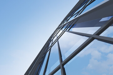 Poster - Low angle view of futuristic modern architecture, Skyscraper of corporate office building, 3D rendering.