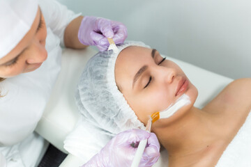 Poster - Facial skin care and protection. A young woman at a beauticians appointment. The procedure for applying a mask on the face