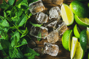 Wall Mural - Fresh Ingredients for Perfect Mojito, Lime Mint Soda and Ice