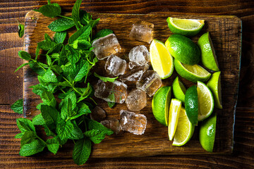 Wall Mural - Fresh Ingredients for Perfect Mojito, Lime Mint Soda and Ice