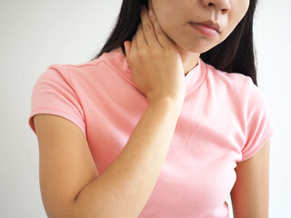 Wall Mural - Sick woman with sore throat feel sick suffering from painful swallowing caused by thyroid, laryngitis, cold, throat cancer. illness concept. health care. closeup photo, blurred.