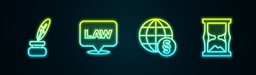 Sticker - Set line Feather and inkwell, Location law, International and Old hourglass. Glowing neon icon. Vector