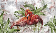 Art Drawn Flamingos On A Textured Background In The Leaves, Wall Murals In A Room Or Home Interior