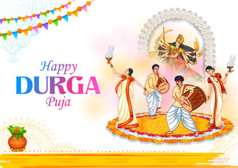 Sticker - Goddess Durga Face in Happy Durga Puja Subh Navratri Indian religious header banner background