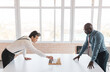 © xartproduction - two male businessmen, rivals are playing chess. Strategy and rivalry.