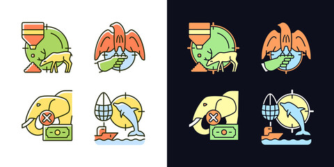 Poster - Illegal hunting light and dark theme RGB color icons set. Bait hunting. Dolphin and elephant cruel hunt. Isolated vector illustrations on white and black space. Simple filled line drawings pack