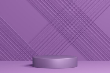 Empty minimalistic purple podium in studio lighting. Single cylinder against the purple background of a diagonal lattice. 3d render.