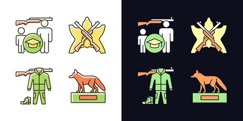 Poster - Hunting trophy and equipment light and dark theme RGB color icons set. Hunting junior education. Hunt trophy. Isolated vector illustrations on white and black space. Simple filled line drawings pack