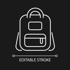 Sticker - Schoolbag white linear icon for dark theme. Bag for carrying books and stationery items. Thin line customizable illustration. Isolated vector contour symbol for night mode. Editable stroke