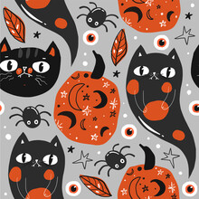 Halloween Seamless Pattern With Pumpkins, Spiders And Black Cats
