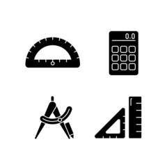 Sticker - Architecture student tools black glyph icons set on white space. Drafting supplies. Calculator. Compass tool. Rule, protractor for geometry class. Silhouette symbols. Vector isolated illustration