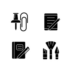 Poster - School stationery black glyph icons set on white space. Pins and paper clips. Tablet computer. Graph composition book. Pens and pencils. Silhouette symbols. Vector isolated illustration