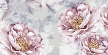 Drawn Art Peonies On A Textured Background With Imitation Of Paint And Stains, Wall Murals In A Room Or Home Interior