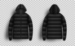 Black puffer jacket mockup set, vector isolated illustration. Realistic modern hooded down jacket, front and back view.