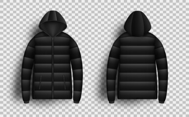 Wall Mural - Black puffer jacket mockup set, vector isolated illustration. Realistic modern hooded down jacket, front and back view.