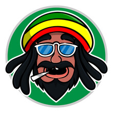 Rastaman With Dreadlock Hairs Head Wearing Beanie Hat With Rastafarian Flag Colors And Smoking Cannabis, Best For Sticker, Mascot, And Logo With Reggae Music Themes